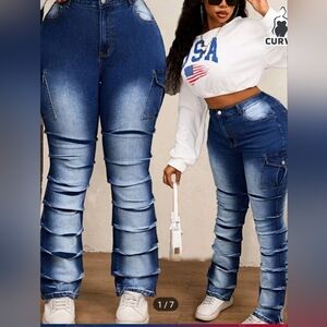 💋💕Sexy plus size Demin elastic cargo pleated flared pants